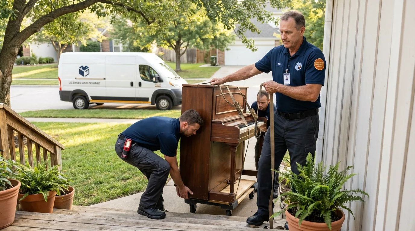 Licensed piano movers securing grand piano in Greenwood, SC
