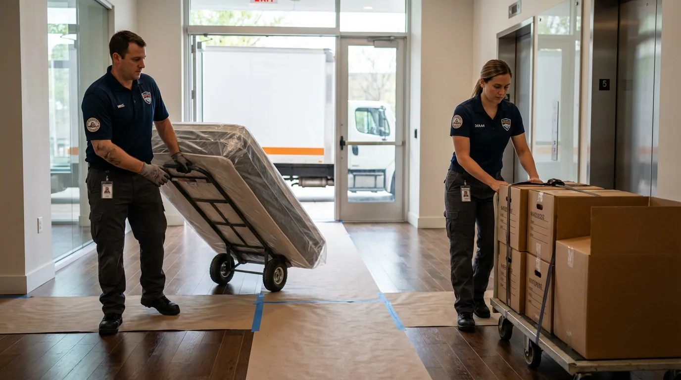 Professional apartment movers loading elevator in Greenwood, SC